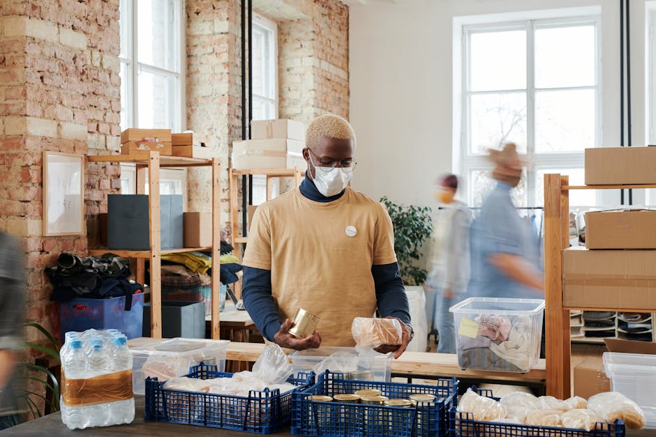 Volunteers organizing food donations at community center